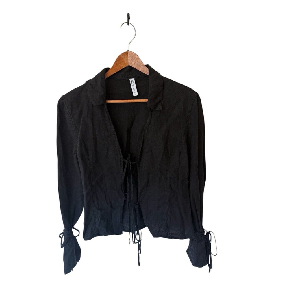 ZARA Black Linen Tie Front Long Sleeve V-Neck Shirt Size XS Trendy Stylish - Picture 2 of 8